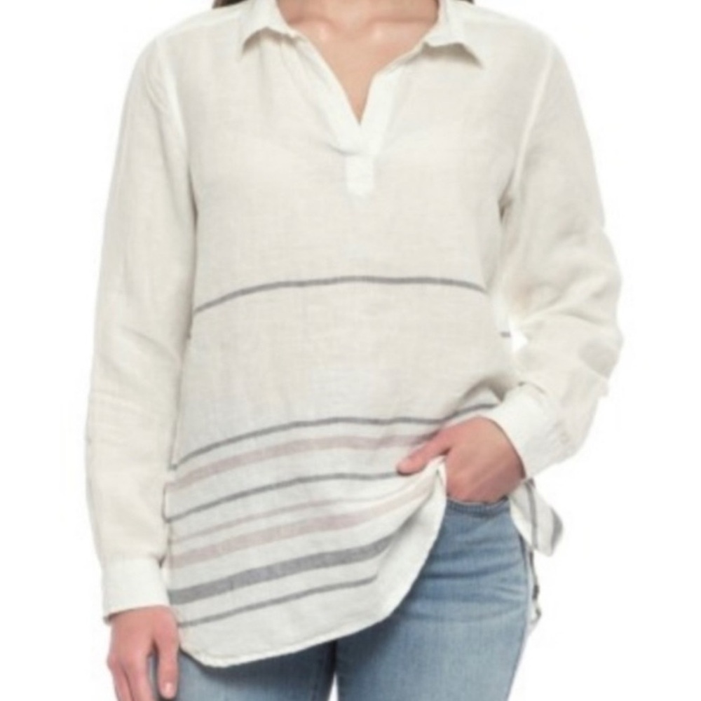 TAHARI 100% Linen long sleeve cream tunic women size‎ medium